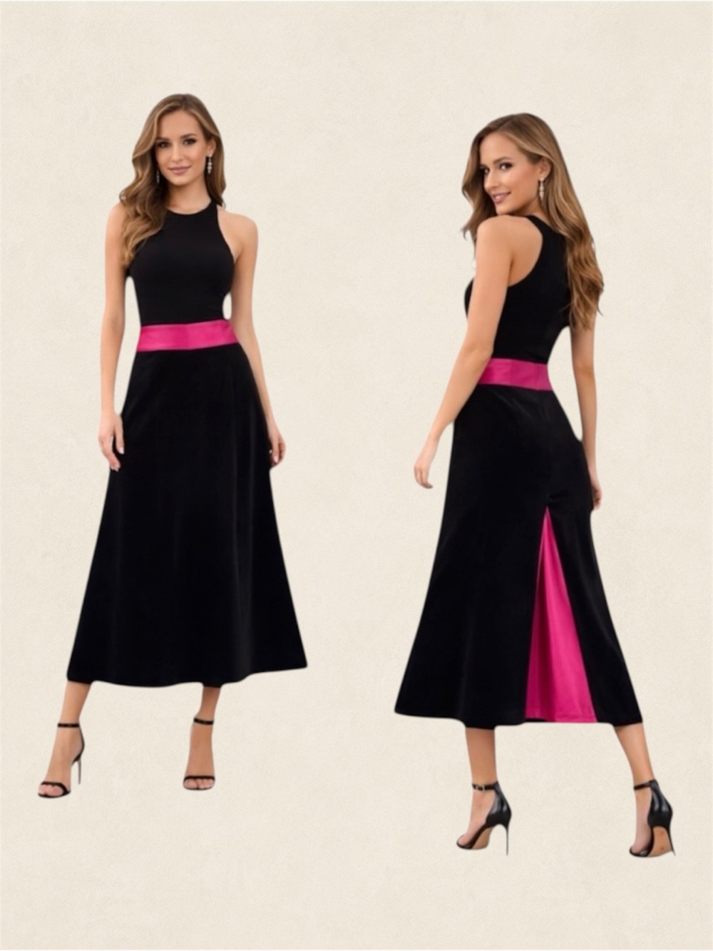 Vintage Black Velvet Midi Skirt Pink Satin Waist Contrast A-Line 10 Hong Kong